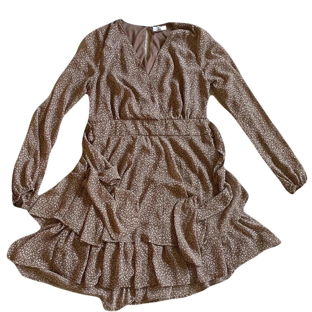 Japna Animal Print Mini Dress Womens Large Brown Tiered Ruffle Long Sleeve Boho